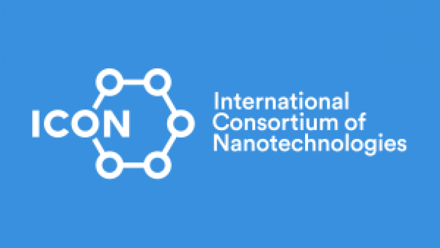 ICON logo, a hexagon with circles on each corner and white text International Consortium of Nanotechnologies on a light blue background